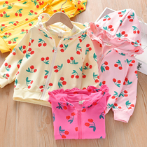 Girls autumn coat new baby Cherry long sleeve zipper shirt top children wooden ear hooded coat childrens clothing