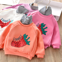 Female Baby Winter Dress Plus Velvet Clothing New Girl Strawberry High Collar Blouse Children Insert Shoulder Sleeve Suede Jersey Child Clothing