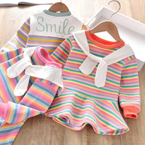 Children Dress New Winter Girl Dress Cute Baby Striped Long Sleeves Dresses Children Splicing Integrated Suede Skirts