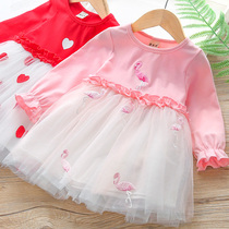 Girls autumn dress new little girl wooden ear long sleeve skirt Children Baby embroidered mesh skirt children skirt