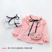  Girls  long-sleeved shirt new autumn female baby Korean version of the strap wooden ear shirt childrens stand-up collar top Childrens clothing