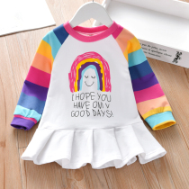 Autumn girls long sleeve dress female baby new colored strip shoulder sleeve skirt children pleated skirt