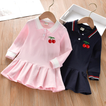 Girls autumn dress new female baby college style pleated skirt children Cherry embroidery lapel skirt