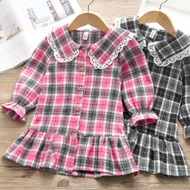 Spring girls checkered shirt new female baby mid-length skirt hem shirt mid-child long sleeve blouse 2-7 years old