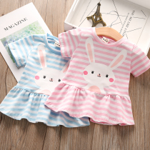 Summer loaded girl short sleeve T-shirt new children striped dress Lower hem t-shirt baby bunny printed blouse