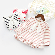  Girls  T-shirt new autumn female baby ruffle hem doll shirt Childrens striped long-sleeved bottoming shirt Childrens clothing