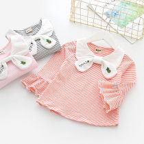 Girls spring clothing T-shirt new female baby fine striped collar knots undershirt children horn sleeve blouses kid clothes