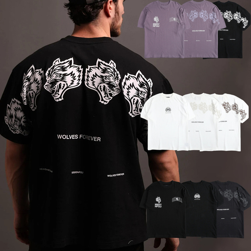 Wolf Head Men's American-Style Short-Sleeve T-Shirt Fitness Clothing Top Retro Loose Sports Training Wear Pure Cotton Heavyweight Summer