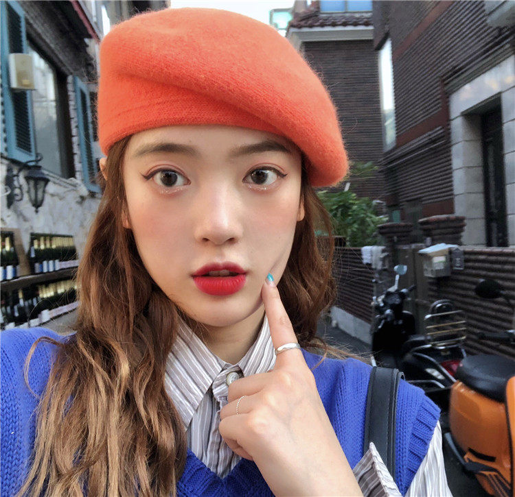 Korean version white orange soft imitation rabbit hair beret female autumn and winter Japanese sweet and cute painter hat ins wind