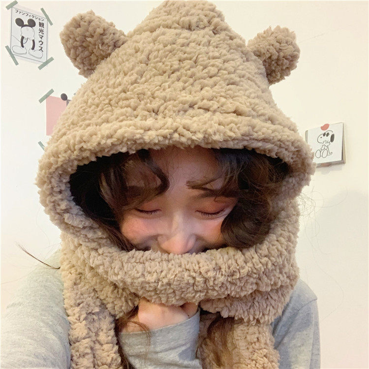 ins Winter thickened bear ear scarf hat one piece lamb cashmere female Korean version cute wild plush collar