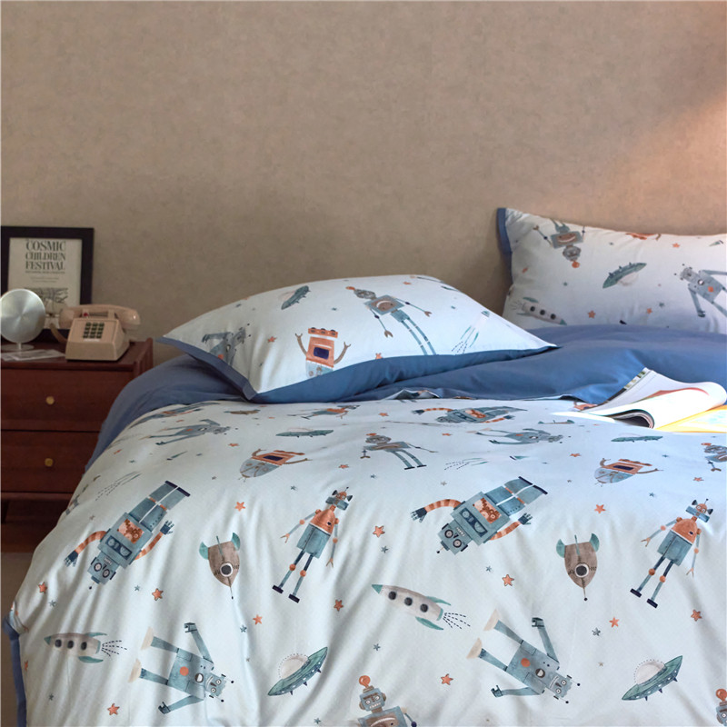 Autumn Winter Children All-cotton Anti-bacterial Mill Wool Four Pieces Of Pure Cotton Milling Suede Cartoon Boy Robot Quilt Cover Bedding