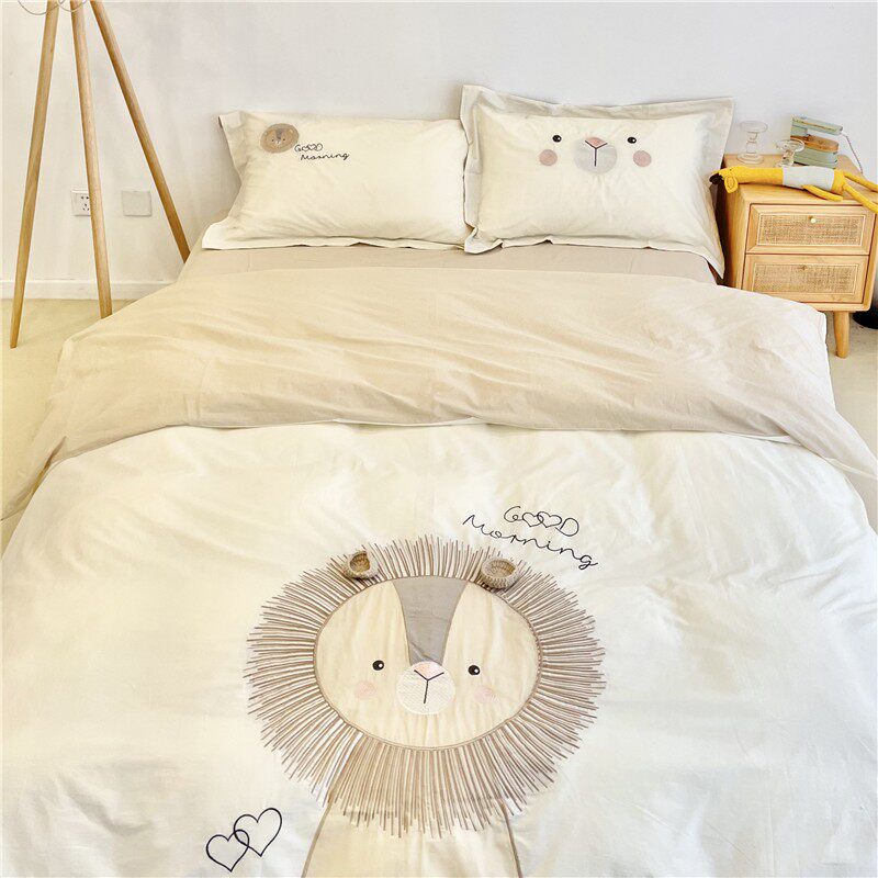 Day Style Cartoon Children's Room Full Cotton Washed Cotton Four Sets Pure Cotton Embroidery Boy Little Lion Quilt Cover Bedding