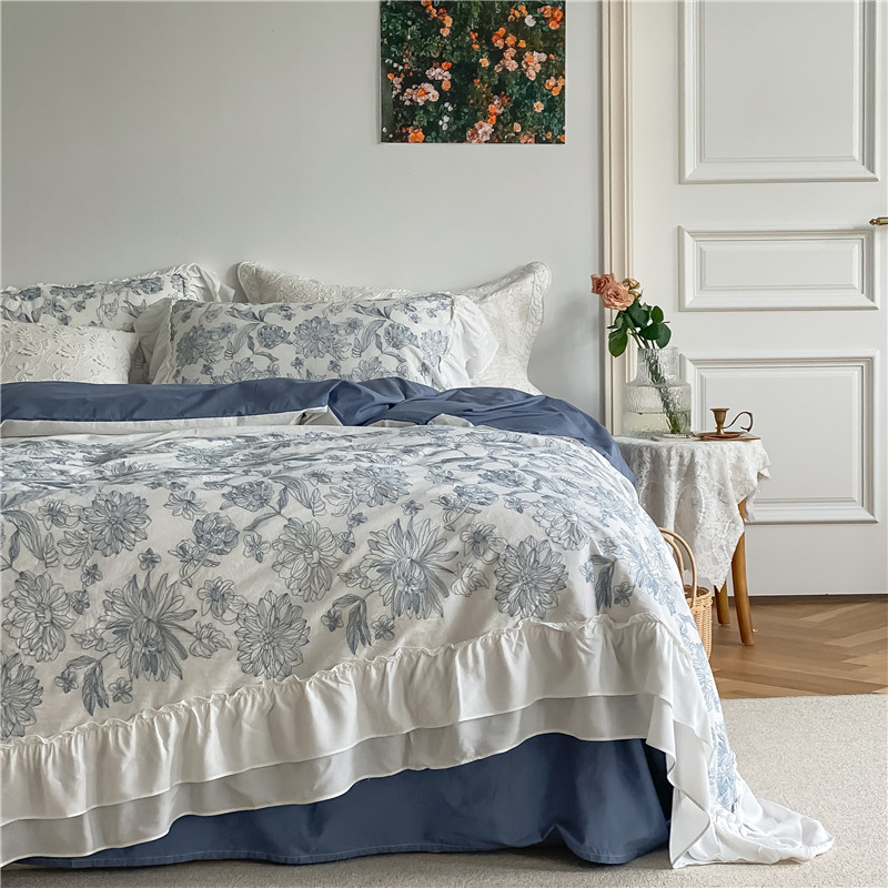 Korean-style retro pastoral bed four-piece set of pure cotton washed cotton double-layer ruffled forest flower bedding