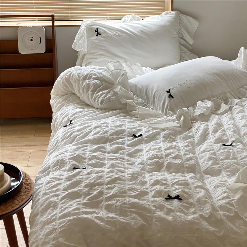 Han Style Princess Wind Bubble Yarn Bed Four Pieces Of Pure Cotton Washed Cotton White Lotus Leaf Side Girl Hearts Bed Accessories