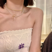 Korean bow pearl necklace womens 2022 new design sweet temperament light luxury double clavicle chain trend