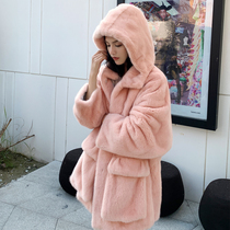 Flame Queen new imported purple standard velvet mink whole mink fur coat womens long hooded fur coat