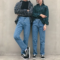 Hàn Quốc ulzzang lỏng retro xanh xanh cũ lỏng lẻo đàn ông thẳng và phụ nữ BF vài mẫu quần jean thư quần áo nam