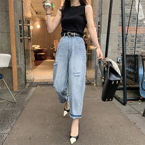 (6 19-6 20 live welfare) summer broken pants ~ jeans women straight tube loose high waist thin K577