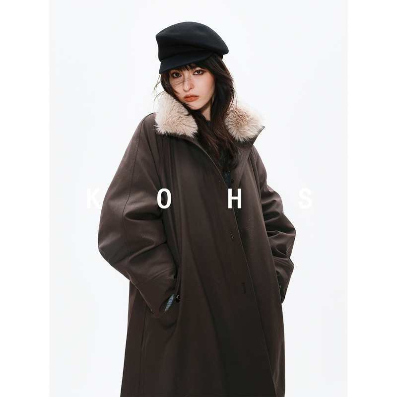 Kohs Minimalist Style/Removable Fur Collar 90% Goose down Belted Stand Collar Trench Coat down Jacket