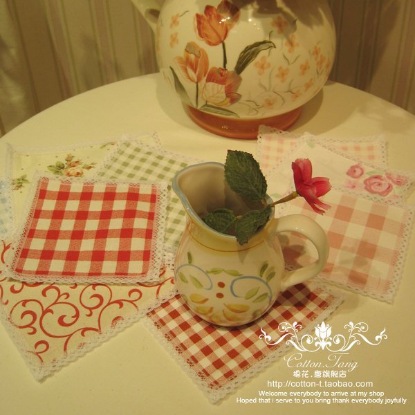 Fabric coasters Country pastoral lace square plaid coasters Water absorption heat insulation non-slip creative tea cup mat