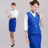 New professional suit Blue and white porcelain Chinese stewardess suit vest three-piece set royal blue star hotel front desk