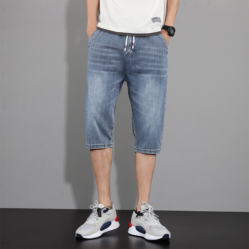 Elastic Waist Jeans for Men 2026 New Summer Thin Men's Casual 7-Point Pants Slim Fit Blue Shorts