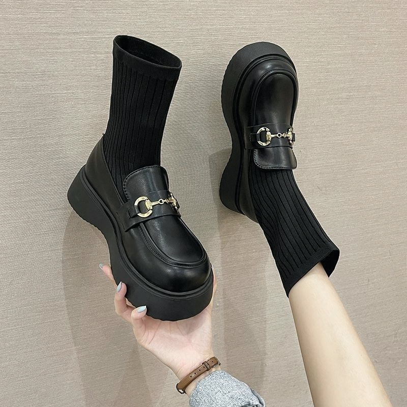 Sock Boots for Women, Elastic Knit Style, 2026 Spring and Autumn New Style, Doll-Style Small Leather Shoes, Slim Boots, Thick-Soled Short Boots