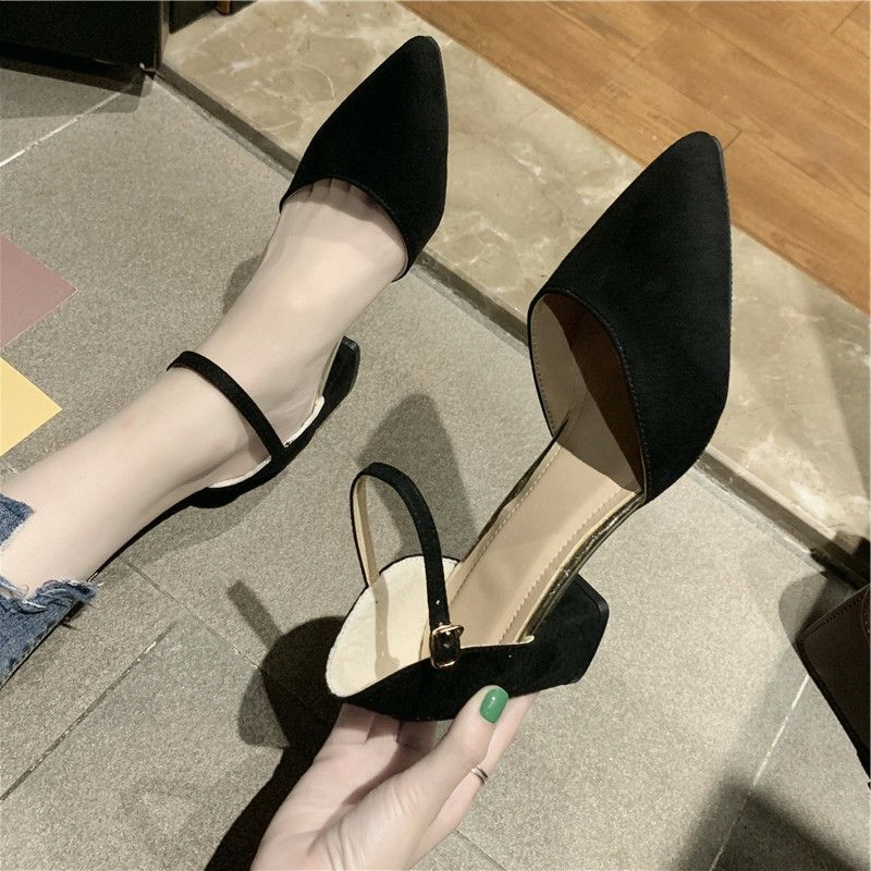 Women's Korean-Style Closed-Toe Shoes, Summer Versatile Mid-Heel Pointed Toe Buckle Fashion Chunky High-Heeled Sandals for Women