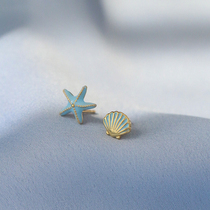 Little fresh blue shell starfish asymmetric stud earrings niche design sense cute s925 sterling silver earrings for schoolgirls