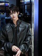 Korean version of high-end motorcycle jacket for men's niche deconstruction design with shoulder pads, short leather jacket, handsome and loose top jacket