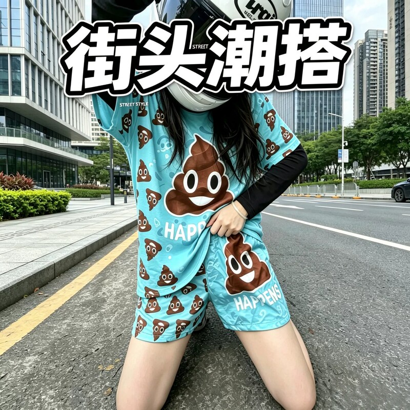 Poop T-Shirt and Shorts Set with Alternative Sunglasses Pattern for Kids, Breathable and Loose-Fitting Beach Two-Piece Set
