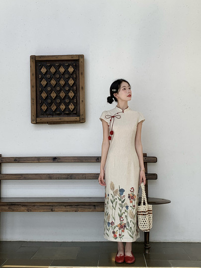 Thecoco New Chinese Style Printed Cotton and Linen Cheongsam for Women, Summer Elegant Slim Fit, Comes with Tulip Red Hair Tie