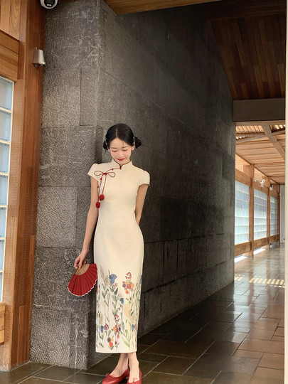 Thecoco New Chinese Style Printed Cotton and Linen Cheongsam for Women, Summer Elegant Slim Fit, Comes with Tulip Red Hair Tie