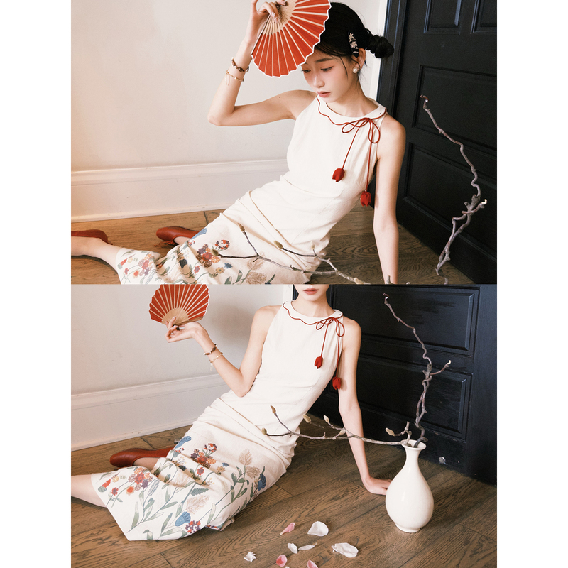 Thecoco Printed Cotton and Linen Original Sleeveless Dress for Women, Summer Elegant Slimming Long Dress with Detachable Red Flowers