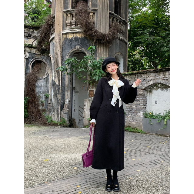 Thecoco d* Chinese and antique standing sleeve waist wool black coat women's winter high-end long double-sided woolen coat
