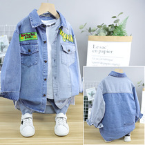 La Flei childrens clothing spring new mosaic denim shirt men and women in children Korean creative graffiti shirt 1667