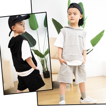 La Flei 2020 summer clothes new boys in big children Korean version hooded fake two-piece set short-sleeved shorts 9860