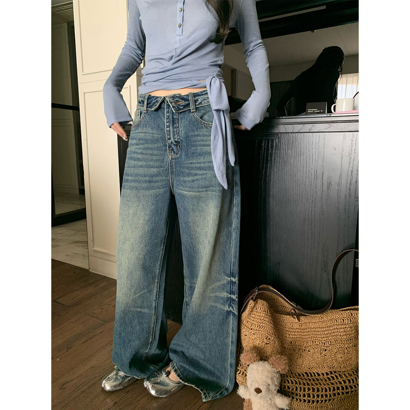 Im向【In Stock】Yuppie Style Cuffed Vintage Loose Straight-Leg Pants for Women, Distressed Washed Blue Jeans