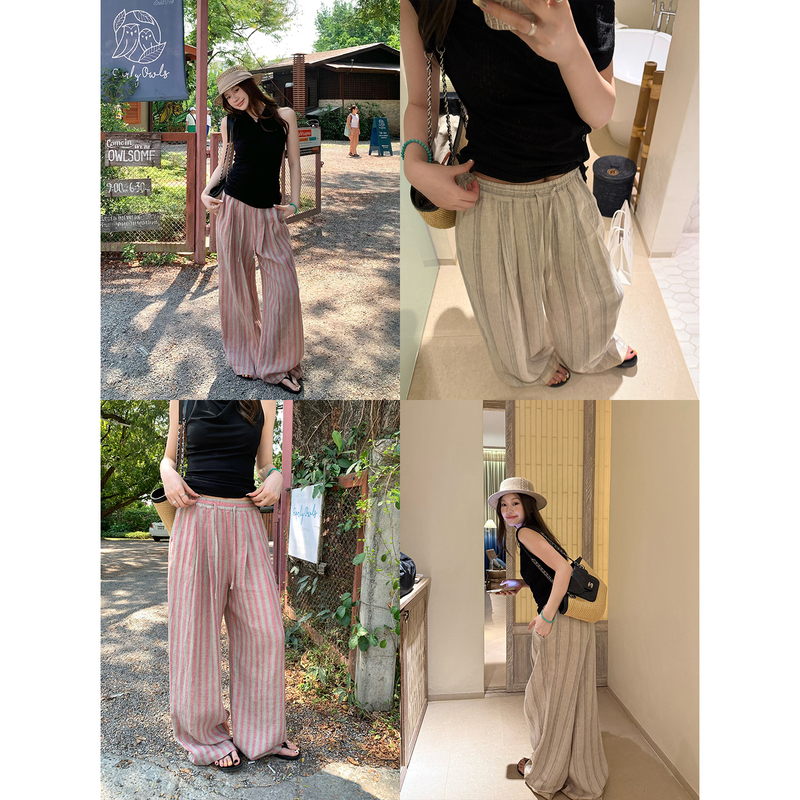 Striped Straight-Leg Pants for Women with an Easy, Versatile Style, Featuring a Relaxed Fit, Elastic Waist, and Loose Casual Design