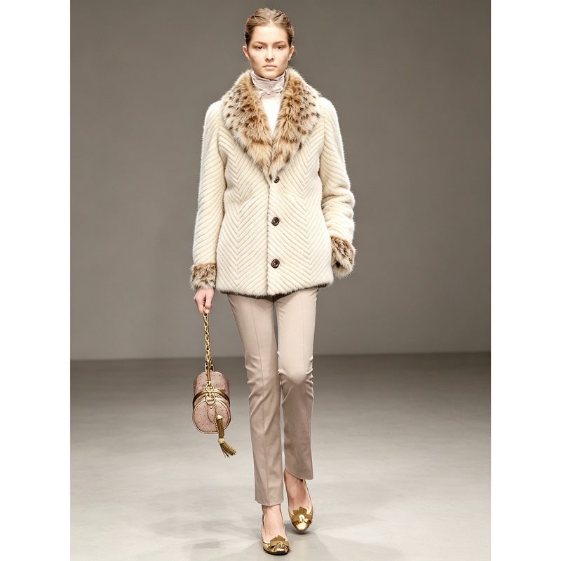 Befurs Bobcat Green Fur Collar and Pearl Mink Stripes with down Filling, Extremely Warm and Slimming Fur Coat