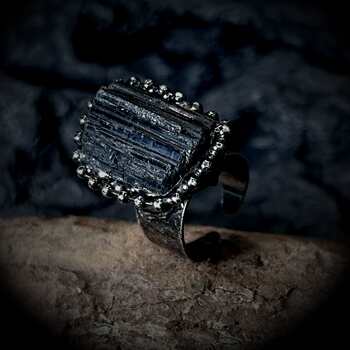 Retro style natural black tourmaline amorphous opening electroplated ancient silver adjustable exaggerated personality european and american ring