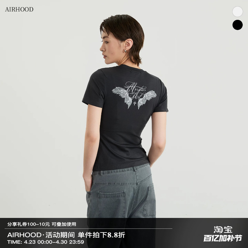 Airhood American Retro Wing Print Short-Sleeve T-Shirt for Women, Black Slim Fit, Tight-Fitting, Regular Shoulder Top for Summer