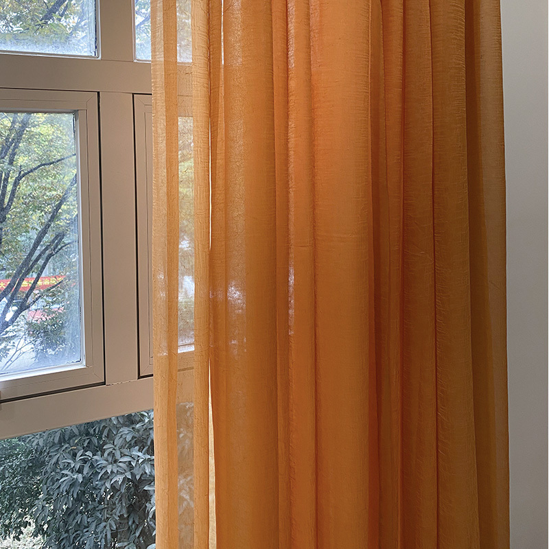 Zen Brown Yellow Sand Brown Retro Crumpled Gauze Curtain Coral Orange Living Room Bedroom Draped Coral Orange Window Screen