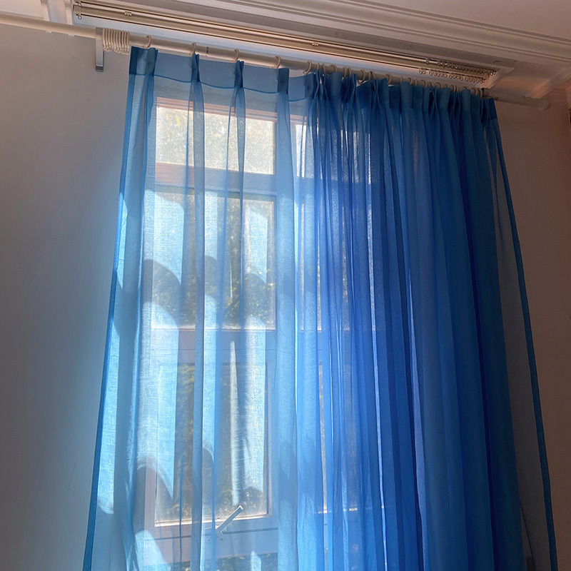Simple Modern Curtains, Victorian Blue Crumpled Sheer Curtains, Chinese Blue, Soft and Light-Transmitting, Solid Color Window Screens for the Living Room