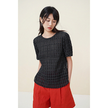 Spot-CCHER crepe sense check round neck short sleeve top light silk cotton Xixi and women XUHC3219