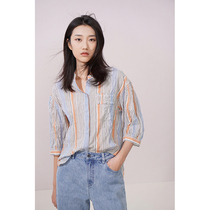 Spot-CCHER Orange blue striped cable shirt wrinkled cotton Sisi and womens XCIC3238