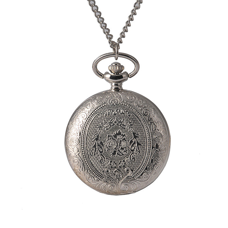 Watch Retro Big digital quartz silver patterned shield Watch Necklace Pendant 8840