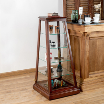 美式复古实木玻璃展示柜带锁扣灯带可移动万向轮手办盲盒陈列柜子