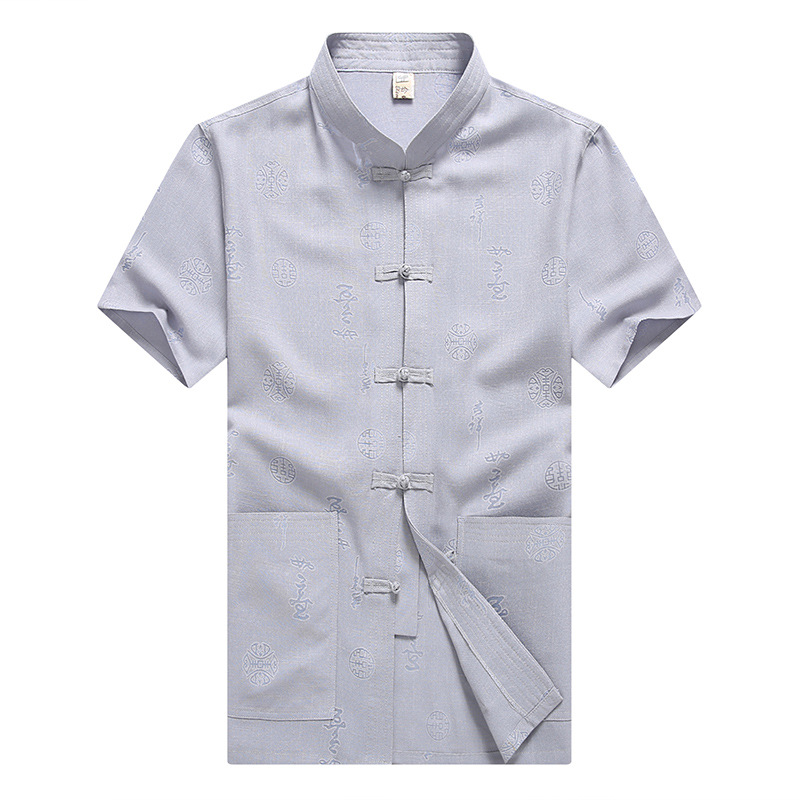 Summer Tang mỏng vải bông nam ngắn tay Trung Quốc áo sơ mi theo phong cách Trung Quốc lanh retro áo nhà váy người đàn ông
