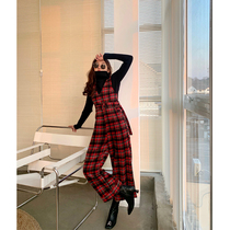 NORA strap jumpsuit womens winter 2021 Hong Kong style retro loose plaid jumpsuit wide leg woolen pants